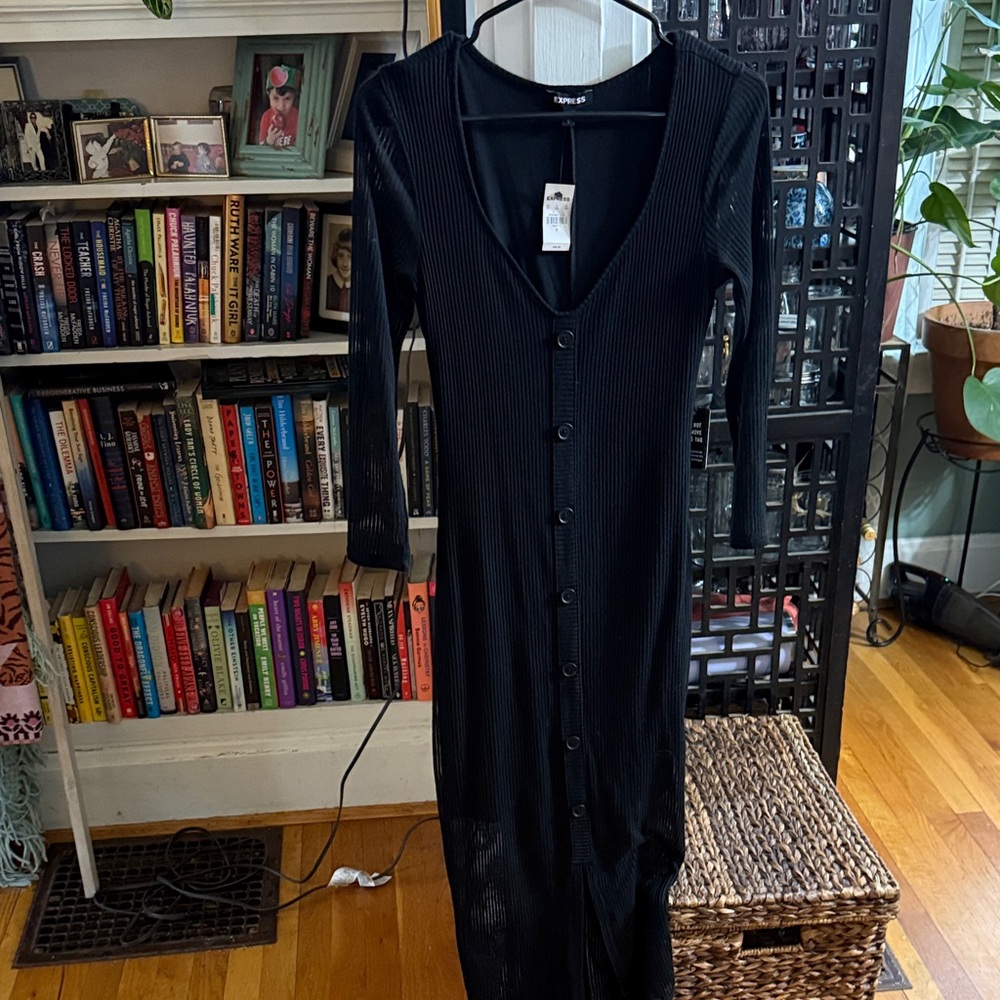 Express Black ribbed Long Sleeve Button Dress